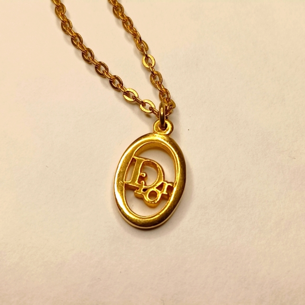 Christian Dior Oblique Logo Oval Pendant Chain Necklace